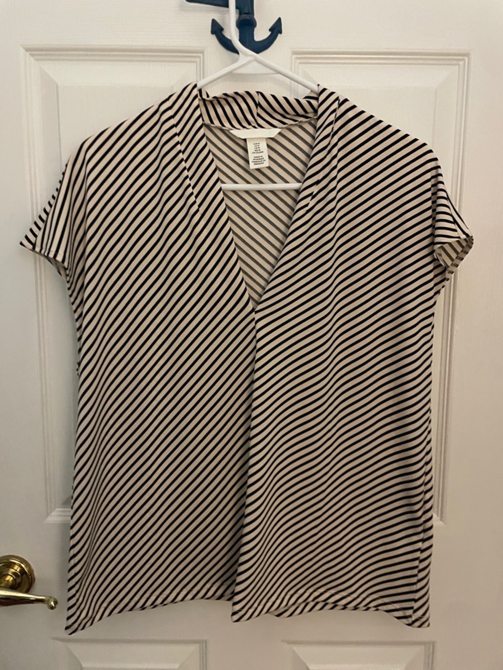 H&M Striped V-Neck Short Sleeve Top - Cream & Black